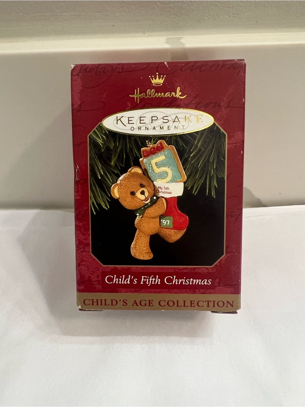 Hallmark Brown Teddy Bear Ornament with Red Stocking and Blue '5'